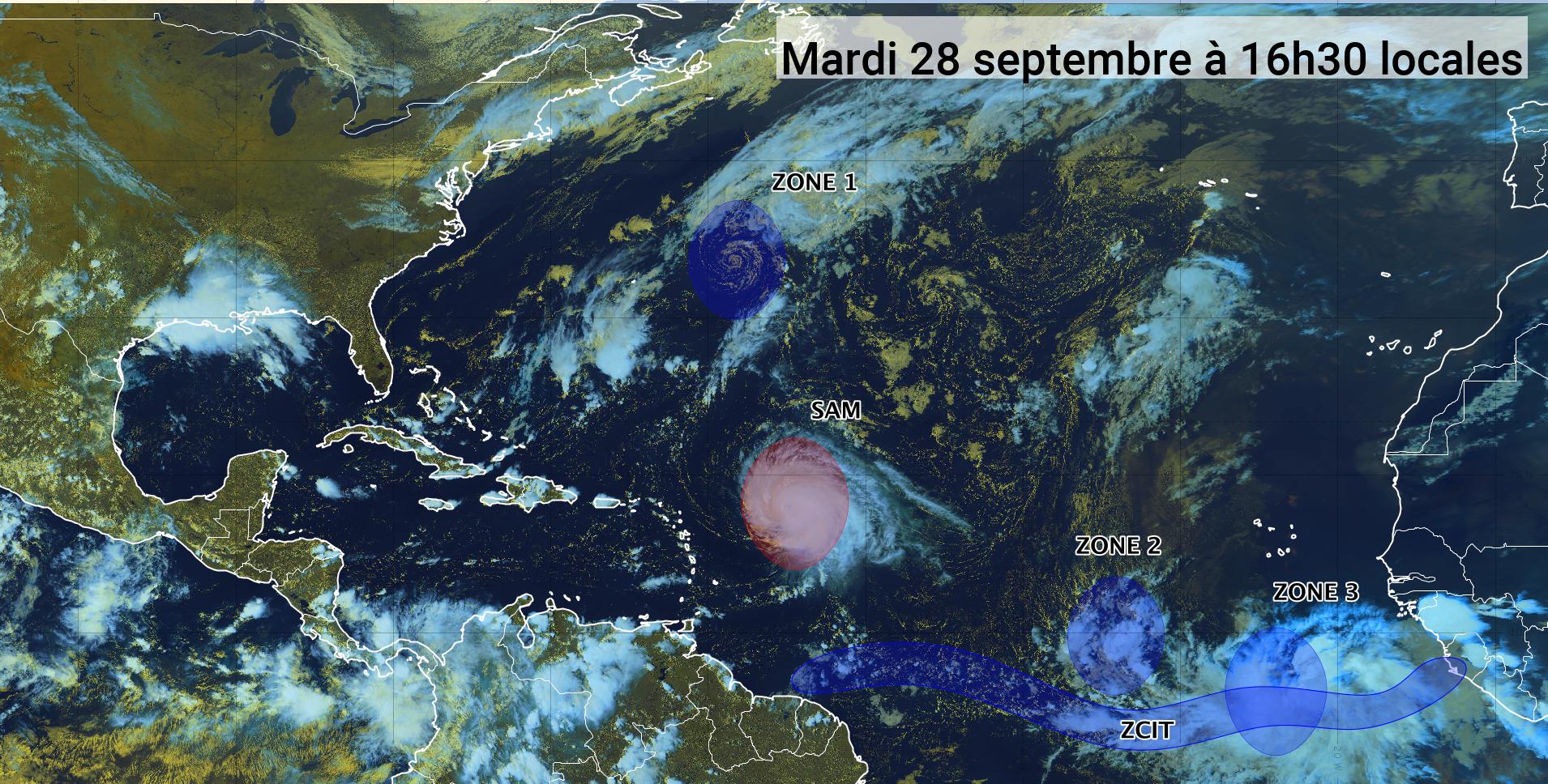     L'ouragan Sam revient en catégorie 4 et trois zones sont sous surveillance (bulletin du 28/09/21)

