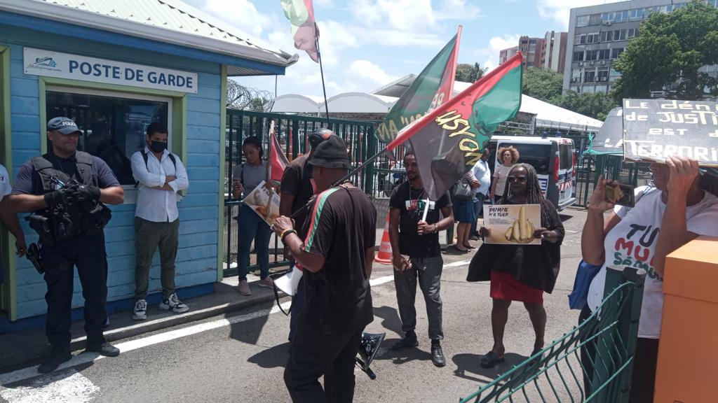     Des militants anti-chlordécone manifestent devant le salon Valora à Fort-de-France

