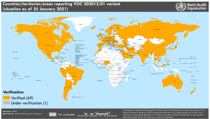 Carte de propagation du variant VOC 202012/01 au 25 janvier 2021. Source OMS