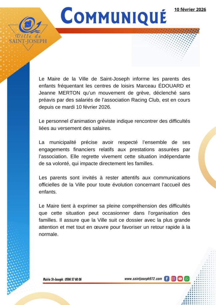 Communiqué ville de Saint-Joseph 100226