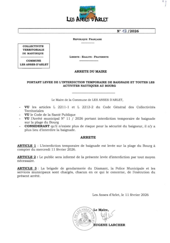 Autorisation de baignade Anses d'Arlet