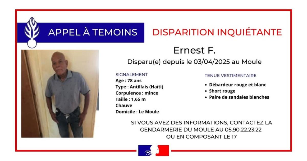     Un septuagénaire porté disparu au Moule, la gendarmerie lance un appel à témoins

