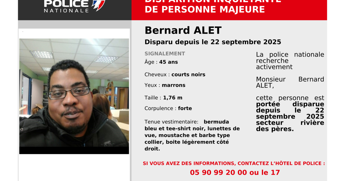     Disparition inquiétante à Basse-Terre : avez-vous vu Bernard Alet ?

