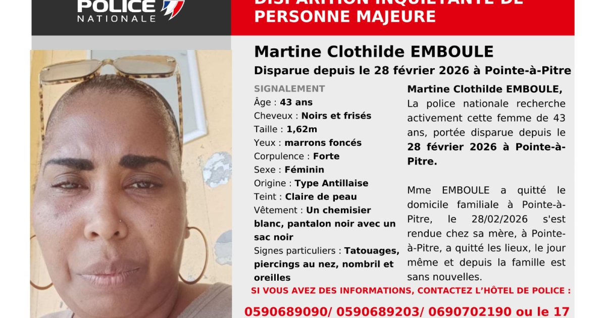     Appel à témoins : disparition inquiétante de Martine Clothilde Emboule à Pointe-à-Pitre

