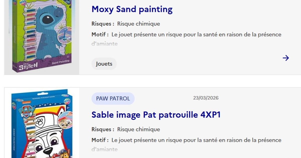     Procédure de rappel : suspicion de présence d'amiante dans des jouets à base de sable

