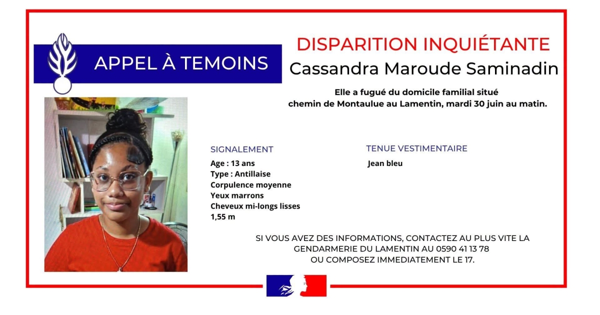     Appel à témoins : avez-vous vu Cassandra Maroude Saminadin, 13 ans, disparue au Lamentin ?

