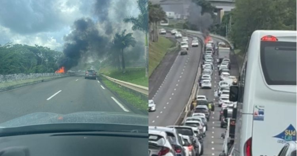     Une voiture en feu paralyse toute la circulation sur la RN5 dans le sens Ducos-Lamentin

